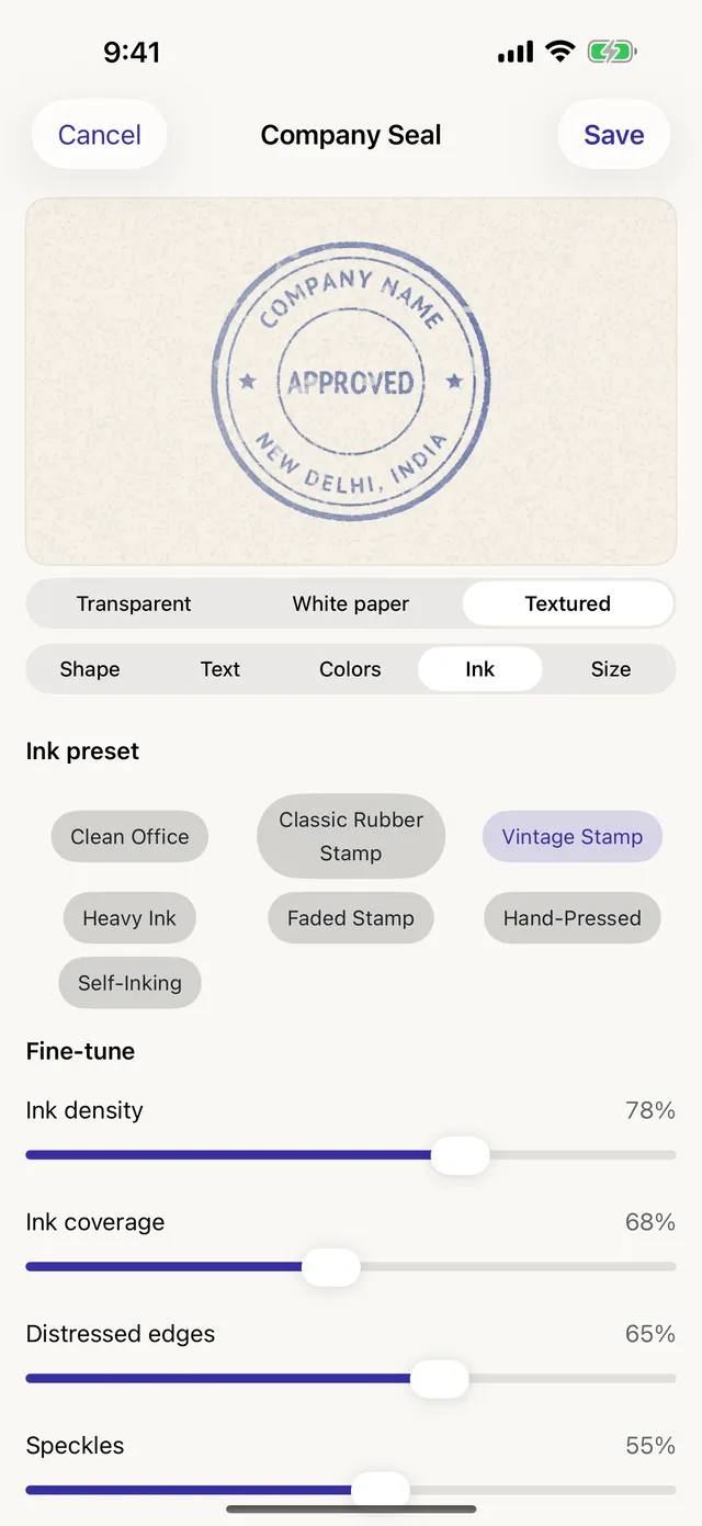 Stampora's stamp designer showing a circular company seal on textured paper, with ink controls below