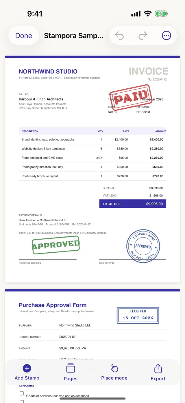 A sample invoice in Stampora with a red PAID stamp, a green APPROVED stamp and a round company seal placed on the page