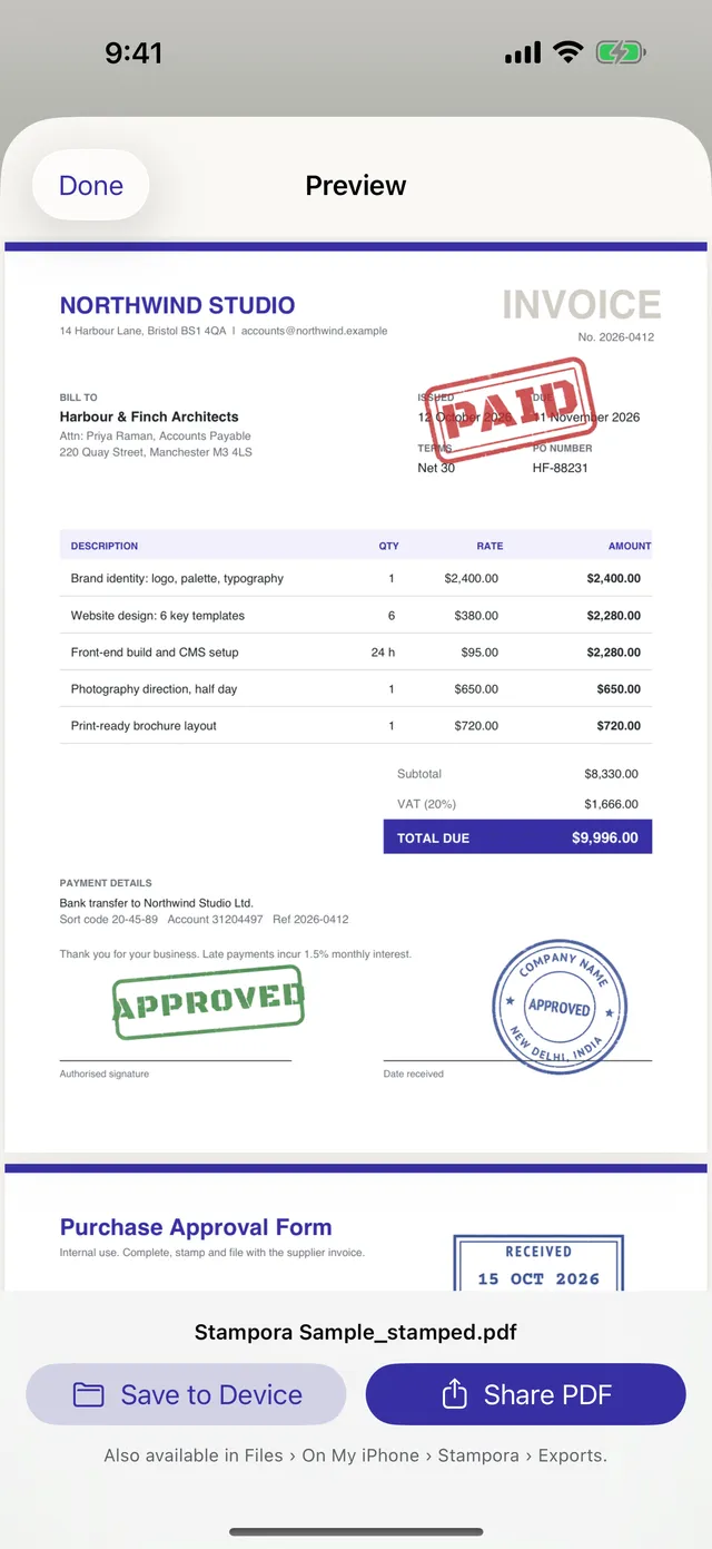Export preview of the stamped PDF with Save and Share buttons