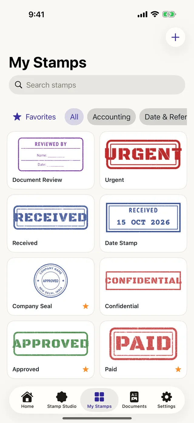 My Stamps library with realistic stamps: Urgent, Received, Date Stamp, Company Seal, Approved and Paid