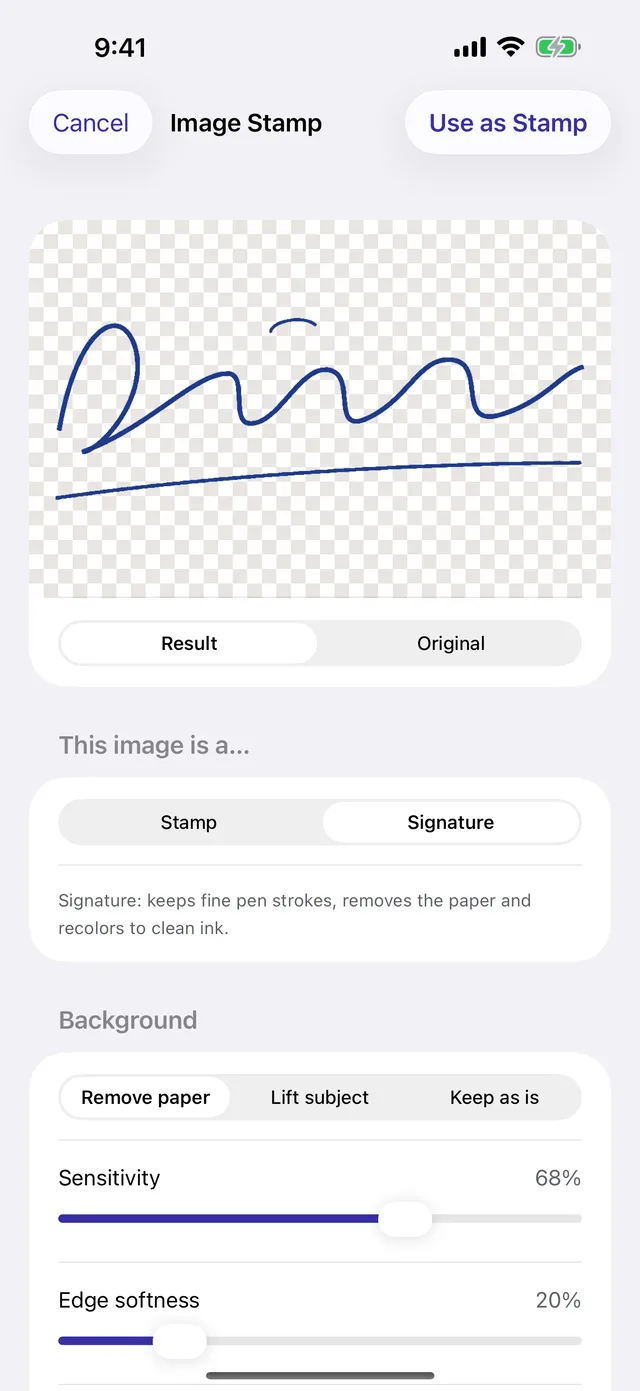 Image Stamp screen turning a photographed signature on paper into a transparent signature, with Stamp and Signature modes