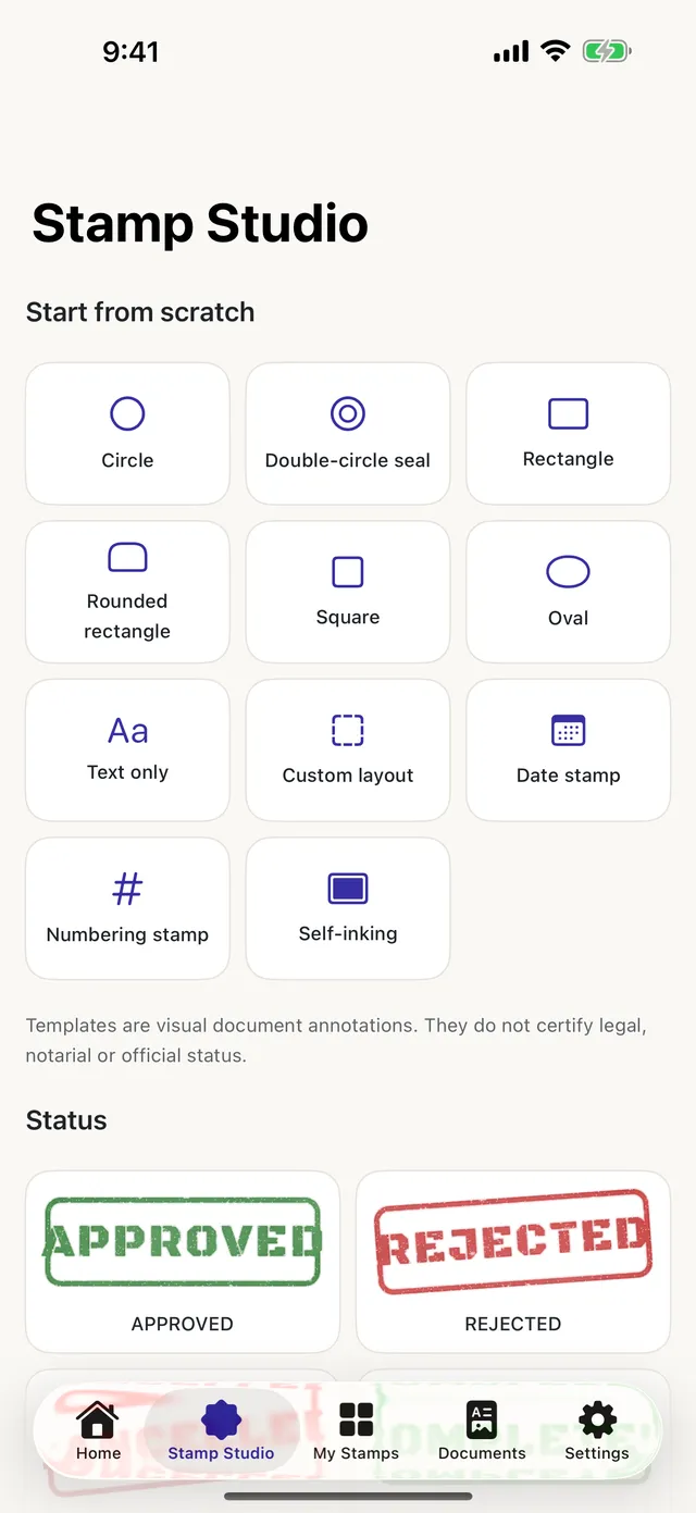 Stamp Studio listing shapes and ready-made templates such as Approved, Rejected, Cancelled and Completed